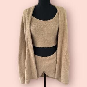 Teddy Cozy Lounge Set Tank Crop Top Cardigan Robe Shorts Taupe Tan Small Pajamas